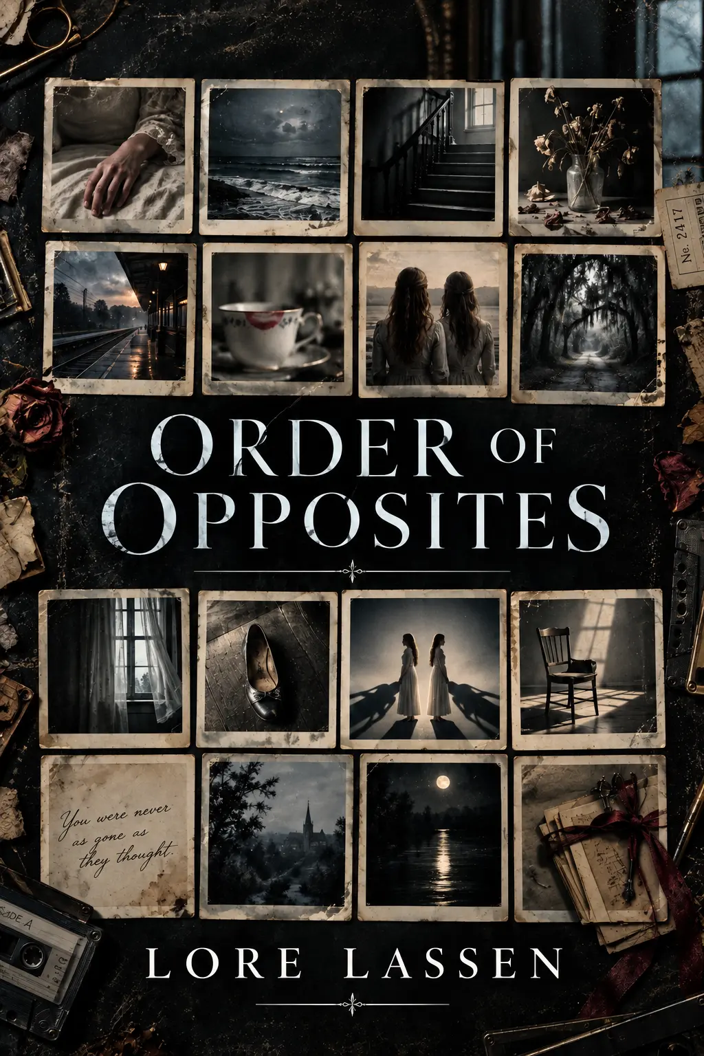 Cover of Order of Opposites by Lore Lassen: a grid of aged photographs surrounding the title