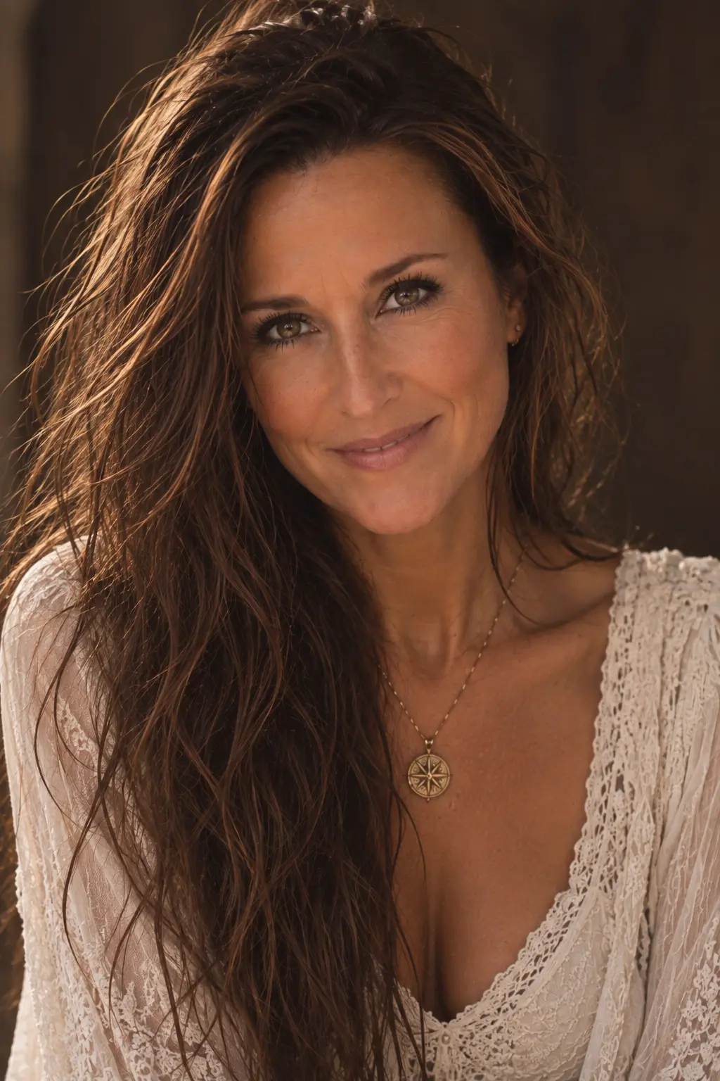 Warm close portrait of Lore Lassen in cream lace against a shadowed wall
