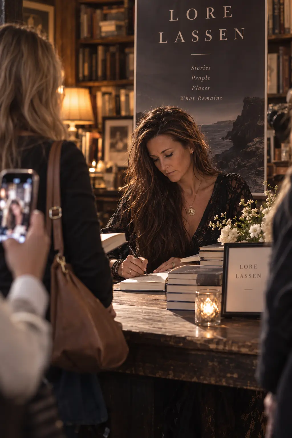 Lore Lassen signing copies of her novel at a bookshop event
