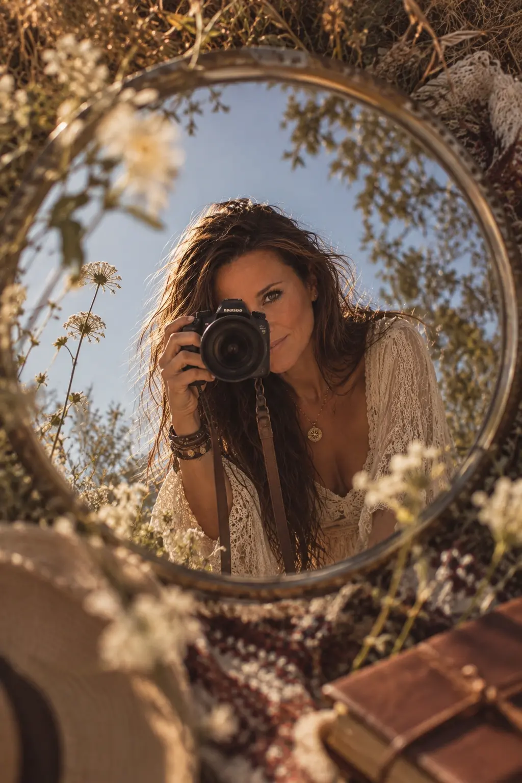 Lore Lassen photographing her own reflection in a round mirror set among wildflowers