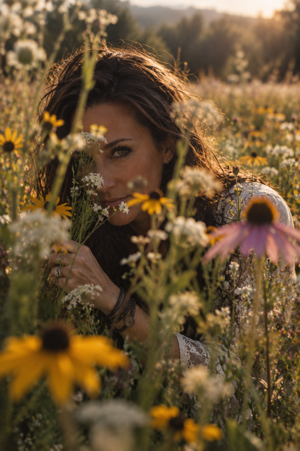 Lore Lassen half hidden among wildflowers in low evening sunlight