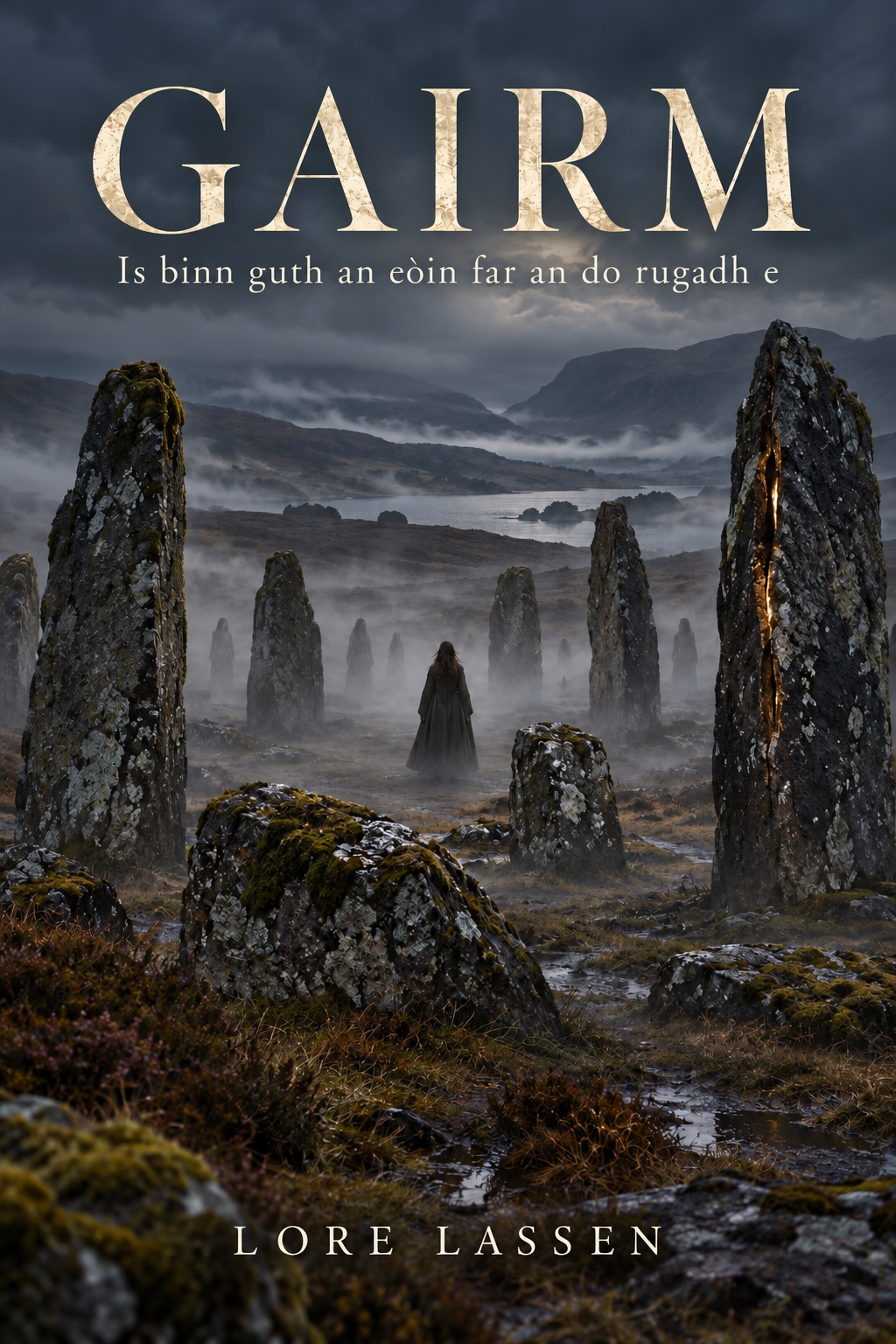 Cover of Gairm by Lore Lassen: a woman walking among ancient standing stones in Highland mist