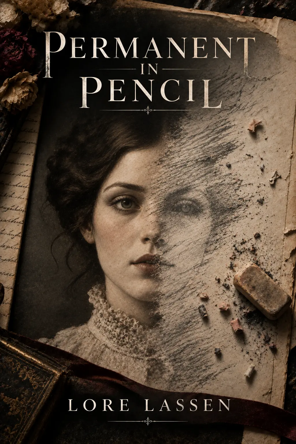 Cover of Permanent in Pencil by Lore Lassen: a portrait half drawn in pencil, half erased, on aged paper