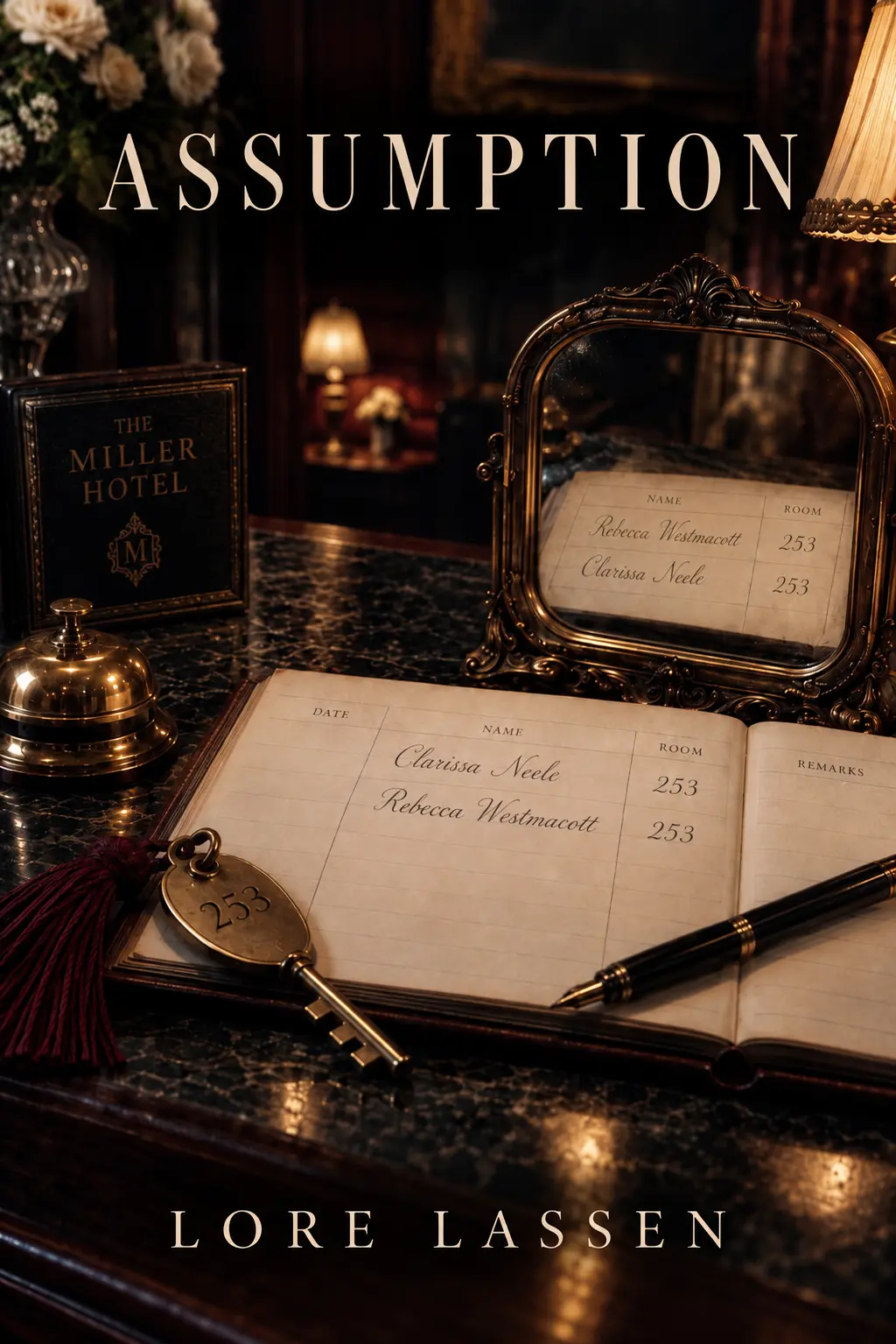 Cover of Assumption by Lore Lassen: a hotel register, brass key and mirror on a lamplit reception desk