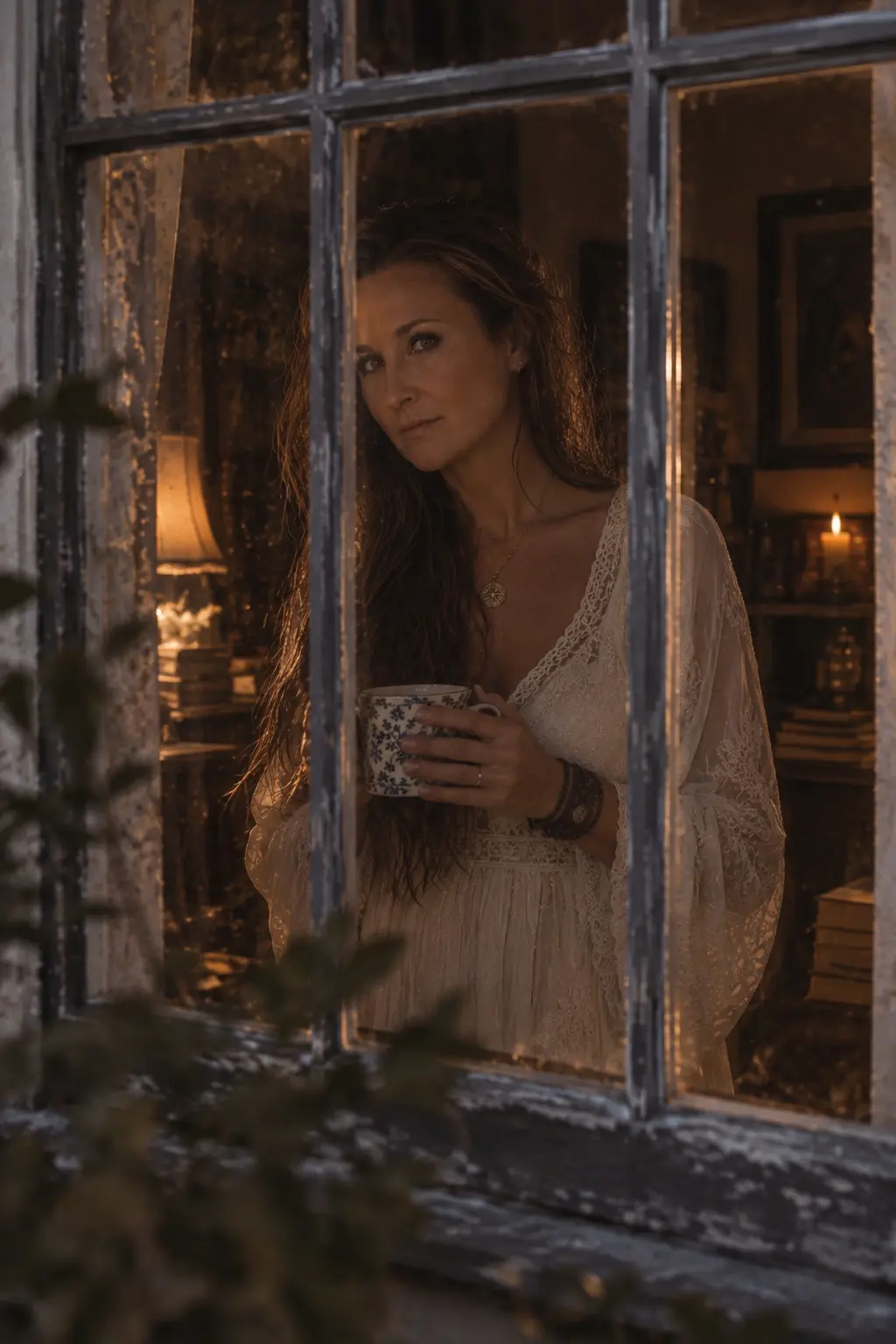 Lore Lassen seen through an old window pane at dusk, holding a cup of coffee