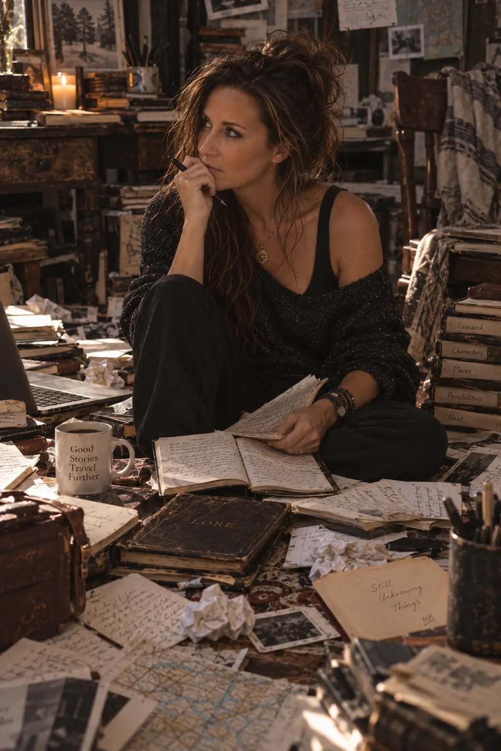 Lore Lassen sitting on the floor of her study surrounded by open notebooks, letters and photographs