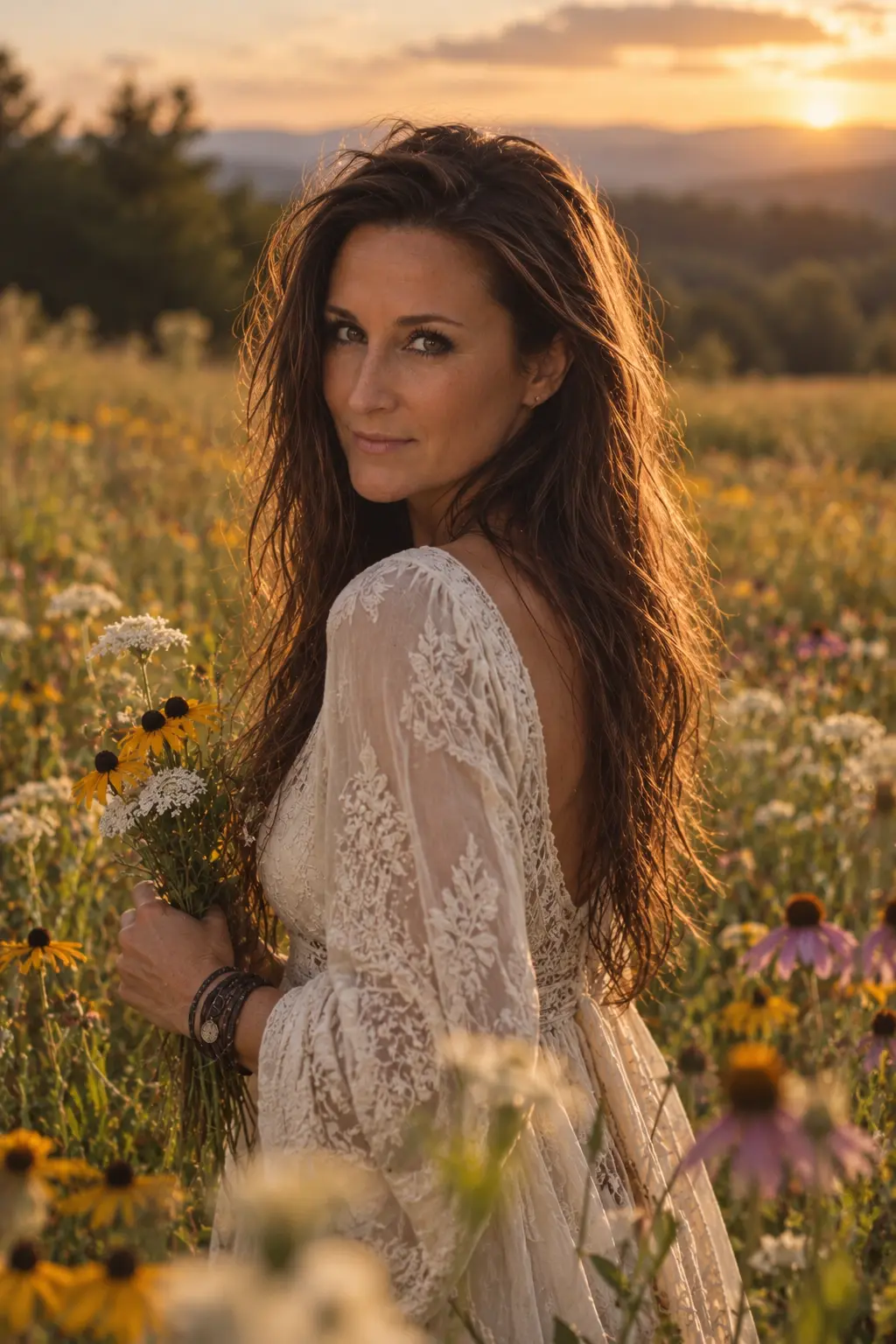Lore Lassen holding a bundle of wildflowers in a meadow at sunset